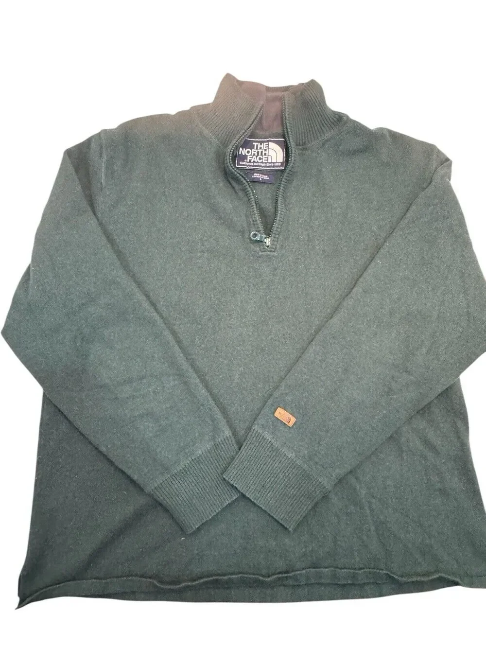 North Face Pull Over Shirt Large Wool Blend VTG Zip Forest Green Blue Label